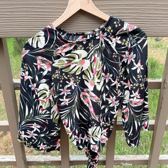EUC Code x Mode Black Tropical Print Tie-Back Blouse - Picture 3 of 12